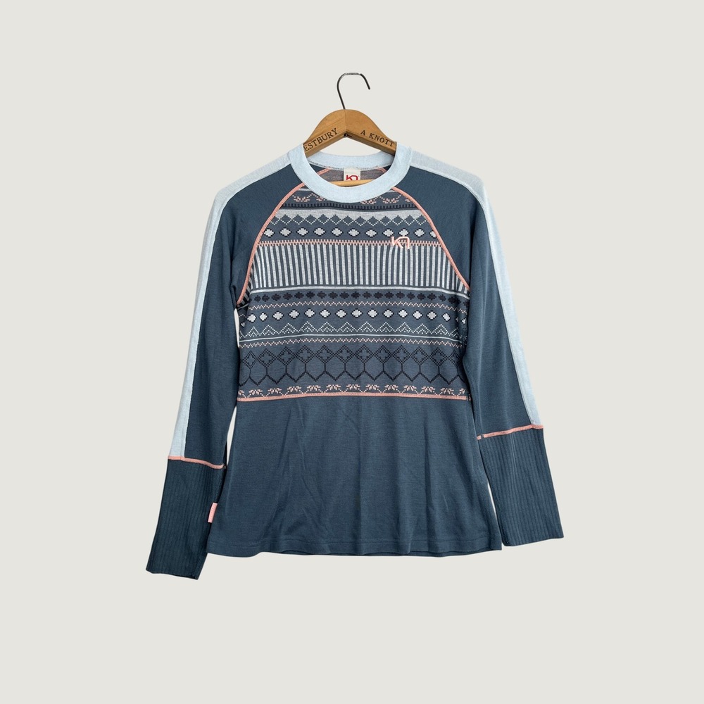 Kari Traa Womens Blue Pink Fair Isle Wool Blend Base Layer Top Size Medium